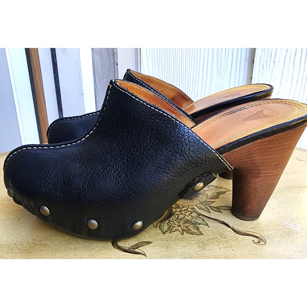 Frye Reese Ring US 9 Black Leather Mules 4" Heel Studded Boho‎ Festival Bohemian